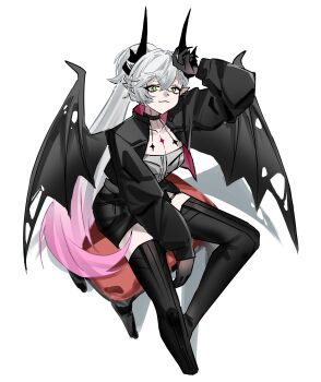 1girl absurdres black_hands black_jacket black_thighhighs body_markings breasts chair choker colored_extremities crossed_bangs demon_girl demon_horns demon_wings ear_piercing fate/grand_order fate_(series) green_eyes grey_hair hair_between_eyes high_ponytail highres horns jacket lilith_(fate) lilith_(over_the_same_sky)_(fate) long_hair long_sleeves medium_breasts piercing pointy_ears ponytail shirt sitting smile solo thighhighs very_long_hair white_shirt wings yazu_(zoddiacz)