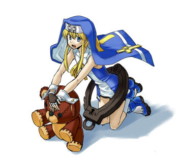 1boy ankle_boots bike_shorts black_gloves black_shorts blonde_hair blue_boots blue_eyes blue_veil blue_vest boots bridget_(guilty_gear) button_eyes buttons cross cross_print fingerless_gloves floating_clothes foot_up_heel_up from_above full_body gloves guilty_gear guilty_gear_xx hair_between_eyes hands_on_another&#039;s_head invisible_floor jitaso kneehighs kneeling latin_cross leaning_forward light_blush long_sidelocks looking_at_viewer lower_teeth_only mars_symbol neck_ribbon nun object_belt on_floor open_mouth oversized_object own_hands_together print_wrist_cuffs rectangular_mouth ribbon roger_(guilty_gear) shadow shirt short_hair short_hair_with_long_locks shorts sidelocks simple_background sleeveless sleeveless_shirt socks stitches stuffed_animal stuffed_toy teddy_bear teeth trap veil vest white_background white_shirt white_socks white_trim white_wrist_cuffs wrist_cuffs yellow_ribbon