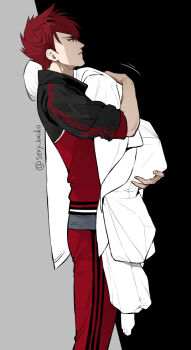 2boys alternate_costume artist_name barefoot black_background black_jacket black_pants black_trim bob_cut carrying carrying_over_shoulder couple cowboy_shot face_in_neck faceless faceless_male feet_out_of_frame from_side full_body grey_background grey_eyes grey_shirt gym_uniform hakama hakama_pants hand_on_another's_ass hand_on_another's_back height_difference holding hug jacket japanese_clothes kimono lifting_person long_sleeves looking_up male_focus male_saniwa_(touken_ranbu) motion_lines multicolored_jacket multiple_boys official_alternate_costume ookanehira_(touken_ranbu) pants parted_lips partially_colored photoshop_(medium) red_hair red_jacket red_pants red_trim saniwa_(touken_ranbu) school_uniform sexy_kaido shaded_face shirt short_hair sideburns signature simple_background sitting_on_arm size_difference sleeves_pushed_up sleeves_rolled_up solo_focus spiked_hair sportswear standing teeth touken_ranbu track_jacket track_pants track_suit twitter_username two-tone_background two-tone_jacket two-tone_pants white_trim wide_sleeves yaoi