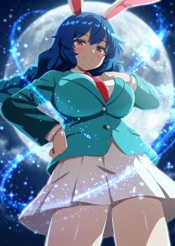 1girl absurdres animal_ears aqua_jacket blue_hair blush breasts closed_mouth collared_shirt commentary_request full_moon highres jacket large_breasts long_hair long_sleeves looking_at_viewer lunalunachild moon necktie pleated_skirt rabbit_ears rabbit_girl red_eyes red_necktie seiran_(touhou) shirt skirt smile solo touhou touhou_lostword white_shirt white_skirt