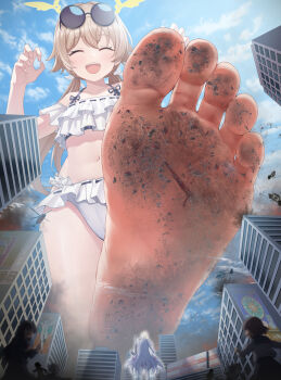 Rule 34 | 2girls, absurdres, azusa (blue archive), barefoot, bikini, blue archive, building, city, closed eyes, cloud, commentary request, day, dirty, dirty feet, eyewear on head, feet, foot focus, foreshortening, from below, giant, giantess, halo, hifumi (blue archive), hifumi (swimsuit) (blue archive), highres, jiao ming xiao chong xxx (zan ting jie gao), long hair, low twintails, multiple girls, navel, official alternate costume, open mouth, presenting foot, ribbon-trimmed bikini, ribbon trim, ruffle bikini, sky, smile, soles, stomach, sunglasses, swimsuit, toes, trampling, twintails, white bikini, wings