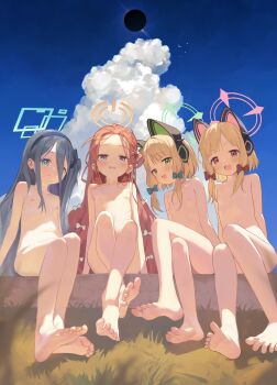 4girls :d absurdres ahoge animal_ear_headphones animal_ears aris_(blue_archive) barefoot black_hair blonde_hair blue_archive blue_eyes blue_sky blush bow cat_ear_headphones cat_ears cloud collarbone commentary_request completely_nude day fake_animal_ears feet flat_chest forehead game_development_department_(blue_archive) grass green_bow green_eyes green_halo hair_ornament halo headphones highres loli long_hair looking_at_viewer midori_(blue_archive) momoi_(blue_archive) multiple_girls navel nude open_mouth orange_halo outdoors pink_halo red_hair short_hair siblings sisters sitting sky smile soles toes twins twintails very_long_hair youyueyue yuzu_(blue_archive)