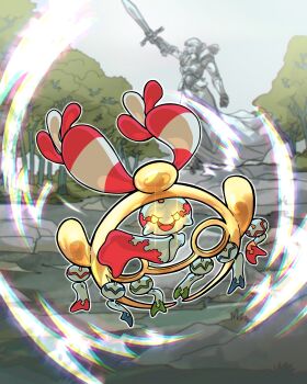 absurdres autobottesla chimecho colored_sclera full_body gen_3_pokemon glowing glowing_eyes highres looking_at_viewer mega_chimecho mega_pokemon nintendo no_humans open_mouth outdoors pokemon pokemon_(creature) pokemon_focus sky smile solo statue tree wind_chime yellow_eyes yellow_sclera