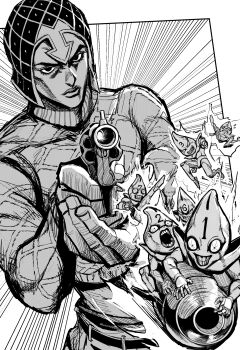 1boy argyle_clothes argyle_sweater bullet commentary crosshatching greyscale guido_mista gun hatching_(texture) highres holding holding_gun holding_weapon jojo_no_kimyou_na_bouken mitendakara monochrome sex_pistols_(stand) stand_(jojo) sweater vento_aureo weapon