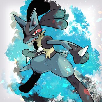 1other animal_ears animal_hands black_fur black_hair blue_background blue_fur body_fur fang full_body furry gen_4_pokemon highres looking_at_viewer lucario multicolored_fur nintendo open_mouth pokemon pokemon_(creature) red_eyes simple_background snout solo sstoh standing wolf_ears yellow_fur