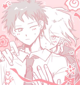 Rule 34 | 2boys, 30wmx, blush, bow, danganronpa (series), danganronpa 2: goodbye despair, flower, from behind, hand on another's shoulder, hands on another's chest, heart, highres, hinata hajime, jacket, komaeda nagito, looking at another, messy hair, multiple boys, necktie, one eye closed, pink background, short hair, star (symbol), sweatdrop, yaoi