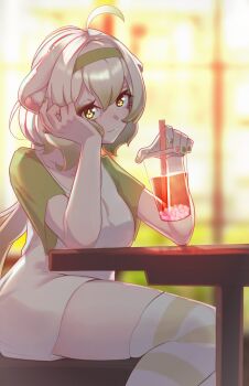 1girl absurdres ahoge animal_ears blurry blurry_background bubble_tea cafe eyeshadow ferret ferret_ears ferret_girl golden_hour gradient_hair green_eyes green_eyeshadow green_hair green_nails green_shirt hair_between_eyes hairband highres laimu_(vtuber) laimu_(vtuber)_(cozy) looking_at_viewer makeup multicolored_hair no_pants pink_nails shirt sioell sitting skindentation t-shirt thighhighs twintails two-tone_hair vinesauce virtual_youtuber white_hair white_shirt window