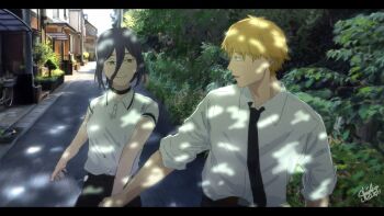 1boy 1girl black_choker black_hair black_necktie blonde_hair blush building bush chainsaw_man choker collared_shirt commentary day green_eyes hair_between_eyes hetero highres holding_hands laillnii long_hair_between_eyes looking_at_another necktie outdoors photo_background polo_shirt profile reze_(chainsaw_man) road shirt short_hair short_sleeves signature street white_shirt
