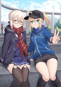 Rule 34 | 3girls, ahoge, armor, artoria pendragon (fate), baseball cap, black-framed eyewear, black hat, black shorts, blonde hair, blue eyes, blue jacket, blue scarf, blue skirt, bodysuit, braid, breasts, bun with braided base, coat, cross (crossryou), duffel coat, fate/grand order, fate (series), fringe trim, glasses, green eyes, hair between eyes, hair bun, hair through headwear, hat, highres, jacket, long hair, looking at viewer, mecha, mecha musume, mechabare, mechanical arms, mechanical legs, multiple girls, mysterious heroine x (fate), mysterious heroine x alter (fate), mysterious heroine x alter (first ascension) (fate), mysterious heroine xx (fate), mysterious heroine xx (first ascension) (fate), open clothes, open coat, plaid clothes, plaid scarf, pleated skirt, ponytail, power suit, red scarf, robot, scarf, school uniform, semi-rimless eyewear, shorts, skirt, thighhighs, track jacket, under-rim eyewear, wings, yellow eyes