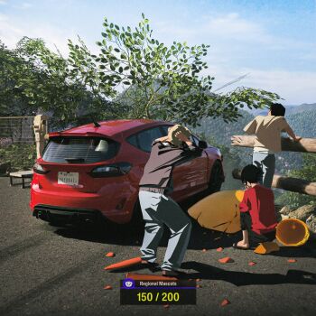 1boy 2girls binoculars black_hair black_jacket black_pants blue_pants brown_shoes car collared_shirt commentary day denim english_commentary english_text faiz_azhar fence film_grain ford_focus ford_focus_st forza forza_horizon_6 game_screenshot_background gameplay_mechanics grey_hat grey_jacket hands_on_own_head hat highres jacket jeans license_plate motor_vehicle mountain mountainous_horizon multiple_girls outdoors pants railing red_car red_jacket sandals screenshot_background shirt shoes short_hair short_sleeves squatting stress sun_hat thinking tree white_shirt