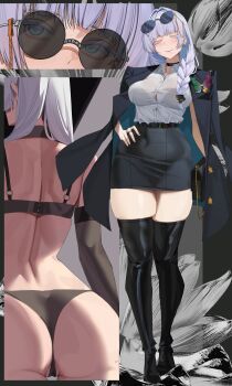 1girl absurdres alternate_costume ass black_boots black_bra black_choker black_coat black_panties boots bra bra_visible_through_clothes braid breasts cameltoe choker closed_eyes coat colored_eyelashes dress_shirt eyewear_on_head formal_clothes goddess_of_victory:_nikke gong_dol_hong grey_hair highres large_breasts multiple_views nayuta_(nikke) panties pencil_skirt shirt single_braid skindentation skirt solo sunglasses thick_eyelashes thick_thighs thigh_boots thighs underwear unusually_open_eyes white_eyelashes white_shirt