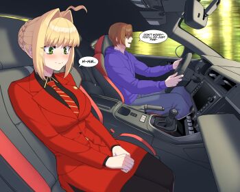 1boy 1girl ahoge black_shirt blonde_hair blue_pants breasts brown_hair car commission driving english_text fate/grand_order fate_(series) formal_clothes gear_shift green_eyes highres hood hoodie hyperbudd large_breasts motor_vehicle necktie nero_claudius_(fate) nero_claudius_(fate/extra) nervous original pants purple_hoodie red_pants red_shirt shirt speech_bubble steering_wheel suit toyota toyota_86