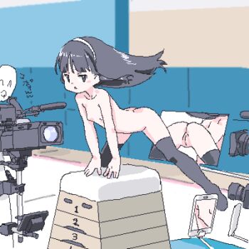 1boy 1girl ass black_hair black_thighhighs camera cellphone cleft_of_venus dimples_of_venus flat_chest gym hairband indoors jumping lokulo_no_mawashimono loli long_hair lowres mirror modeling nude nude_modeling original phone pussy recording reflection selfie_stick smartphone spread_legs thighhighs vaulting_horse zenra