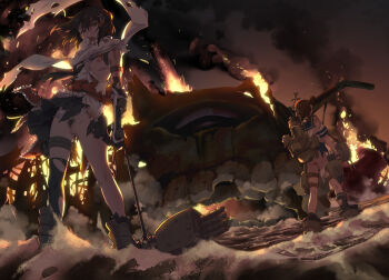 2girls ass battle black_thighhighs blood breasts brown_hair censored commentary_request destruction female_pubic_hair fire from_behind injury kantai_collection looking_at_viewer medium_breasts mosaic_censoring multiple_girls nipples pubic_hair pussy red_eyes scarf sendai_(kancolle) sendai_kai_ni_(kancolle) shirayuki_(kancolle) short_hair standing takemura_sessyu thighhighs torn_clothes torn_scarf torn_thighhighs urakaze_(azur_lane) urakaze_(kancolle) white_scarf