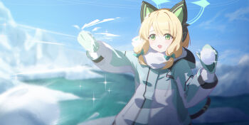 1girl :d absurdres animal_ear_headphones animal_ears aqua_coat blonde_hair blue_archive blurry blurry_background blush bow cat_ear_headphones cat_ears cat_tail chinese_commentary chromatic_aberration coat commentary_request day depth_of_field fake_animal_ears fake_tail film_grain green_bow green_eyes green_halo green_mittens hair_bow halftone halo hand_up headphones highres holding holding_snowball hood hood_down hooded_coat long_sleeves low-tied_sidelocks medium_hair midori_(blue_archive) midori_(winter)_(blue_archive) mittens multicolored_coat official_alternate_costume open_mouth outdoors outstretched_arm print_scarf revision scarf scarf_bow shadow sidelocks sky smile snow snowball snowball_fight solo sparkle tail text_print throwing upper_body water white_scarf winter winter_clothes winter_coat xiao_sa_(hayatekkk) zipper zipper_pull_tab