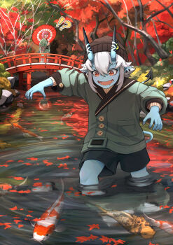 !? 2girls absurdres alternate_costume beanie black_hat black_shorts blue_horns blue_oni blue_skin blue_tail bridge colored_skin commentary_request drooling fish floral_print glasses green_jacket green_kimono hair_between_horns hat highres holding holding_umbrella horns jacket japanese_clothes kimono koi leaf long_hair looking_at_another maple_leaf multicolored_horns multiple_girls oil-paper_umbrella oni open_mouth outdoors petals petals_on_liquid pink_hair pointy_ears red_eyes red_umbrella regit_etihw river shorts skin-covered_horns soukaku_(zenless_zone_zero) tree tsukishiro_yanagi two-tone_horns two-tone_tail umbrella wading water zenless_zone_zero