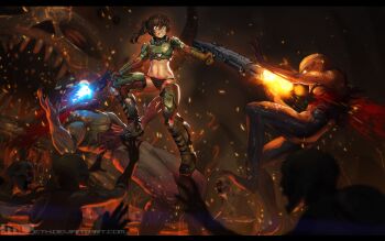 1girl armor battle bikini_armor blood blood_splatter blue_eyes boots brooke_(mleth) brown_hair commentary cosplay death decapitation doom_(2016) doom_(series) doomguy dual_wielding english_commentary firing gun guro handgun headshot hell hell_knight highres holding imp_(doom) md5_mismatch midriff mleth muzzle_flash navel original panties pistol ponytail resolution_mismatch revision shotgun source_smaller space_marine standing_on_person striped_clothes striped_panties teeth the_possessed thighhighs underwear weapon