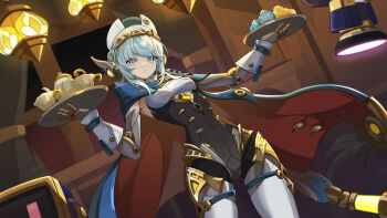1girl absurdres android blue_cape blue_eyes blue_hair cape commentary_request cowboy_shot cup double_bun food genshin_impact hair_bun hat highres holding holding_tray indoors ineffa_(genshin_impact) joints kettle looking_at_viewer multicolored_cape qiyanbujueshi red_cape robot_ears robot_girl robot_joints tea_set teacup tray