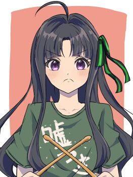 1girl ahoge awa_subaru black_hair black_ribbon border closed_mouth commentary drumsticks girls_band_cry green_shirt hair_ribbon highres holding holding_drumsticks long_hair outside_border parted_bangs purple_eyes ribbon salted_butter_m shikai_no_sumi_kuchiru_oto shirt short_sleeves sidelocks solo upper_body white_border