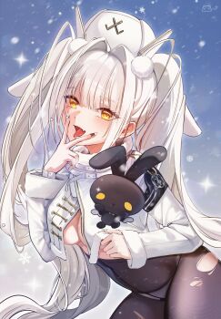 1girl armband artist_logo black_armband black_pantyhose blanc_(fortune_express)_(nikke) blanc_(nikke) blush breasts commentary covered_navel cowboy_shot cropped_jacket crotch_seam d_plan facial_tattoo fang fur-trimmed_jacket fur-trimmed_sleeves fur_trim goddess_of_victory:_nikke hair_intakes hair_ornament hat heart heart_tattoo high-waist_pantyhose highres jacket logo long_hair long_sleeves looking_at_viewer medium_breasts nail_art nail_polish official_alternate_costume open_mouth panties panties_under_pantyhose pantyhose pom_pom_(clothes) pom_pom_hair_ornament skin_fang smile snowing solo sparkle standing stuffed_animal stuffed_rabbit stuffed_toy tattoo tongue tongue_out torn_clothes torn_pantyhose twintails underboob underwear v v_over_mouth white_hair white_hat white_jacket white_nails white_panties yellow_eyes