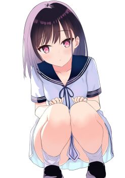 1girl absurdres black_shoes blue_sailor_collar blush collarbone commentary_request highres loafers long_hair looking_at_viewer original parted_lips pleated_skirt purple_hair red_eyes sailor_collar school_uniform shinomi_(pixiv45311197) shirt shoes short_sleeves sidelocks simple_background skirt socks solo squatting thighs white_background white_shirt white_skirt white_socks