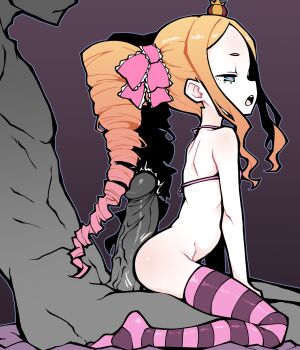 1boy 1girl akableak beatrice_(re:zero) blonde_hair bottomless crown drill_hair from_side hetero highres loli long_hair open_mouth penis re:zero_kara_hajimeru_isekai_seikatsu sidelocks striped_clothes thighhighs twin_drills