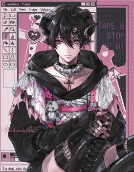 1boy animal_ears arm_belt black_boots black_gloves black_hoodie black_horns boots chest_harness closed_mouth collar collarbone cross curved_horns double-parted_bangs english_text fingerless_gloves gloves goat_boy goat_ears goat_horns hair_between_eyes hair_ornament hairclip harness hashtag-only_commentary highres hood hoodie horns jingjue_de_yumiao lace lace-up_boots lace_collar male_focus microsoft_paint_(software) original pink_eyes sitting solo spiked_collar spikes window_(computing)