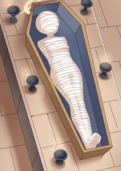 1girl absurdres arms_behind_back artist_request blindfold blue_archive bound bound_arms bound_legs candle check_artist coffin commentary_request gagged halo highres lying mummification_(bound) mummy on_back professor_niyaniya_(blue_archive) solo t_zhonglang variant_set yellow_halo