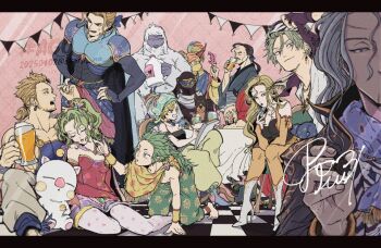 3girls 6+boys anniversary armor baggy_pants bare_shoulders beard beer_mug black_border black_coat black_hair black_shirt blonde_hair blue_armor blue_ribbon blue_shirt boots border bow breasts cape celes_chere checkered_floor chinstrap_beard closed_eyes closed_mouth coat collarbone covered_face creature cropped_vest cup cyan_garamonde detached_sleeves dobermann dog dress earrings edgar_roni_figaro facial_hair feet_out_of_frame final_fantasy final_fantasy_vi gau gogo gold_trim green_hair grey_hair grey_pants hair_bow hair_ribbon hair_tubes headscarf holding holding_cup interceptor_(ff6) jewelry letterboxed light_smile locke_cole low_ponytail medium_breasts mohawk moogle mug multiple_boys multiple_girls muscular muscular_male ninja old old_man open_mouth pants patterned_clothing pink_background plume ponytail purple_cape red_dress red_sleeves relm_arrowny ribbon sabin_rene_figaro sash scar scar_on_face scar_on_forehead setzer_gabbiani shadow_(ff6) sharp_na_ago shirt shouting sideburns strago_magus strapless strapless_dress tina_branford tube_dress tube_top umaro vest waist_sash wavy_hair white_boots white_fur yellow_pants yellow_sleeves yellow_vest yeti_(creature)