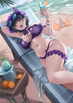 1girl :d absurdres animal_ears aqua_eyes aqua_streaks arm_up armpits azur_lane baby_animal bare_shoulders beach beach_chair bikini bird black_hair blue_sky blunt_bangs bottle breasts cheshire_(azur_lane) cheshire_(summery_date!)_(azur_lane) chick choker cleavage cloud commentary cup day drinking_glass earrings elisabetlis eyewear_on_head fake_animal_ears fang food frilled_thigh_strap fruit hair_between_eyes highres holding holding_cup ice ice_cube jewelry large_breasts looking_at_viewer lying manjuu_(azur_lane) multicolored_hair navel ocean official_alternate_costume on_side open_mouth orange_(fruit) outdoors palm_leaf purple_bikini purple_choker sand_castle sand_sculpture shadow short_hair sidelocks signature skin_fang sky smile soda_bottle solo_focus stomach strapless strapless_bikini streaked_hair sunglasses swimsuit table thigh_strap tinted_eyewear
