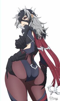 1girl absurdres artist_name ass bandaged_head bandages black_gloves black_leotard black_sclera black_thighhighs bodystocking breasts colored_sclera curvy dated eijiru from_behind gloves grabbing_own_ass grey_hair hands_on_own_ass highleg highleg_leotard highres huge_ass leotard long_hair looking_back malice_(sue_storm) marvel marvel_rivals pauldrons red_eyes shiny_skin solo spiked_pauldrons spikes sue_storm thighhighs thong_leotard white_background wide_hips