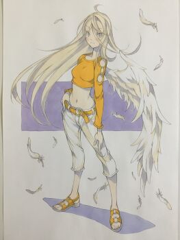 1girl arm_cutout belt belt_buckle breasts buckle capri_pants closed_mouth clothing_cutout commentary crop_top falling_feathers feathered_wings feathers full_body grey_eyes hair_between_eyes hand_on_own_hip highres long_hair looking_at_viewer medium_breasts midriff navel o-ring orange_belt orange_sandals orange_shirt original pants peter_salt sandals shirt single_wing solo standing traditional_media very_long_hair white_feathers white_pants white_wings wings