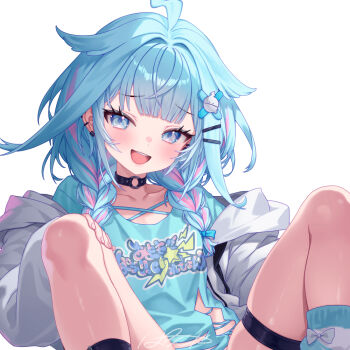 1girl ahoge blue_eyes blue_hair braid casual chair choker collarbone earrings gaming_chair hair_ornament hairclip hashtag-only_commentary hololive hololive_dev_is hood hoodie jacket jewelry kutori_pan'ya looking_at_viewer medium_hair mizumiya_su mizumiya_su_(1st_costume) multicolored_hair multiple_earrings open_mouth pink_hair shirt signature simple_background skindentation smile solo spread_legs streaked_hair swivel_chair t-shirt thigh_strap twin_braids virtual_youtuber white_background