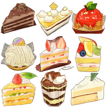 apple berry blueberry cake cake_slice candy_apple cream dessert food food_focus fruit highres icing kiwi_(fruit) kiwi_slice marshmallow miri_illust no_humans original simple_background strawberry white_background