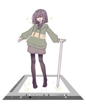 1other androgynous black_pantyhose brown_hair brown_shorts chara_(undertale) green_hoodie highres holding holding_stylus hood hoodie looking_at_viewer no_shoes okura_0915 open_mouth pantyhose red_eyes shorts simple_background sleeves_past_wrists solo striped_clothes striped_hoodie stylus two-tone_hoodie undertale user_interface utdr_(toby_fox) white_background