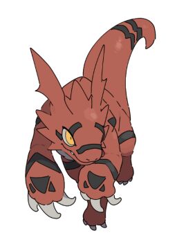 body_markings claws colored_skin digimon digimon_(creature) fang guilmon head_wings horns multiple_horns no_humans red_skin simple_background solo white_background wings yata571 yellow_eyes