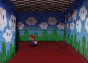 1boy blue_overalls boots brown_boots checkered_ceiling gloves hallway hat indoors liminal_space mari_luijiroh mario mario_(series) nintendo overalls red_carpet red_hat red_shirt shirt solo super_mario_64 white_gloves