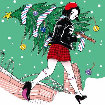 1girl beret black_eyes black_hair black_jacket black_shoes blush building christmas christmas_ornaments christmas_tree colored_skin emamemamo33 fingernails from_behind full_body green_background half-closed_eyes hat high_heels highres holding holding_christmas_tree holding_tree jacket long_sleeves original outdoors promotional_art pumps red_skirt shoes short_hair simple_background skirt snow socks solo tree-topper white_skin