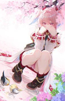 1girl absurdres bird black_necktie black_shoes blue_flower blue_wings book cherry_blossoms chinese_commentary closed_mouth collar commentary_request detached_collar detached_sleeves dress flower genshin_impact hair_ornament hairclip hands_on_own_cheeks hands_on_own_face head_wings heart heart_in_eye highres leaf linnea_(genshin_impact) looking_at_animal looking_down medium_hair necktie pigeon-toed pink_eyes pink_flower pink_hair pink_wings pointy_ears purple_flower qi_di_xiong red_collar red_dress red_socks shoes smile socks solo squatting symbol_in_eye thigh_marking thighs white_sleeves wing_hair_ornament wings yellow_bird