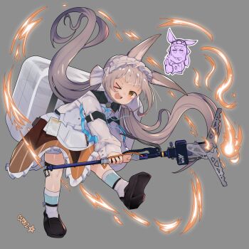 Rule 34 | 1girl, absurdres, animal ears, arknights, brown hair, cuddz, dress, frilled hairband, frills, grey hair, hairband, highres, holding, long hair, long sleeves, looking at viewer, open mouth, orange eyes, rabbit ears, rabbit girl, ribbon, shirt, skirt, smile, solo, warmy (arknights)