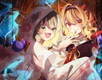 2girls :d absurdres black_hairband blonde_hair blue_fire blush brooch buttons closed_mouth collared_shirt commentary crystal_wings english_commentary fake_horns fire flandre_scarlet frilled_sleeves frills gagaku_kawa_rei ghost ghost_costume green_eyes green_hair hairband halloween halloween_costume hand_up high_collar highres hood hood_up horn_hairband horns jewelry komeiji_koishi long_sleeves looking_at_viewer multiple_girls one_side_up open_mouth pointy_ears puffy_long_sleeves puffy_sleeves red_eyes red_horns red_nails ribbon shirt short_hair silk sleeves_past_fingers sleeves_past_wrists smile spider_web third_eye touhou two-sided_capelet two-sided_fabric uneven_eyes upper_body vampire_costume whisp white_shirt wings yellow_ribbon
