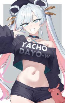 1girl akitaka_akita alternate_breast_size_(larger) baseball_cap black_choker black_hat black_shirt black_shorts blue_eyes border breasts cho_kaguya-hime! choker collarbone colored_inner_hair commentary_request crop_top crop_top_overhang hair_ornament hair_rings hair_stick hat highres large_breasts long_hair looking_at_viewer midriff multicolored_hair nail_polish navel open_mouth outside_border pink_hair purple_nails runami_yachiyo shirt shorts single_off_shoulder solo white_border white_hair