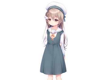1girl aiyoku_shimai_lolita arm_behind_back atori_(aiyoku_shimai_lolita) brown_hair buttons closed_mouth collared_shirt dress feet_out_of_frame furrowed_brow game_cg green_dress hair_between_eyes hair_ornament hat large_variant_set long_hair long_sleeves looking_to_the_side neck_ribbon non-web_source orange_eyes pinafore_dress piyodera_mucha pom_pom_(clothes) pom_pom_hair_ornament ribbon sailor_collar shirt simple_background sleeveless sleeveless_dress solo standing tachi-e transparent_background variant_set white_hat white_sailor_collar white_shirt yellow_ribbon