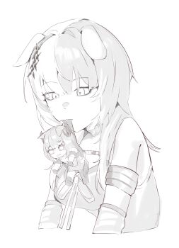 2girls absurdres animal_ears arm_strap dog_ears dog_girl dress greyscale highres hololive hololive_english kurochanai long_hair mini_person minigirl monochrome mouth_hold multiple_girls nerissa_ravencroft ribbon shiori_novella shiori_novella_(1st_costume) virtual_youtuber