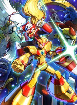 6+boys android arm_cannon battle beard bit_(mega_man) blonde_hair byte_(mega_man) clenched_hand commentary_request dr._doppler_(mega_man) facial_hair green_eyes grin helmet highres hoshi_mikan long_hair male_focus mega_man_(series) mega_man_x3 mega_man_x_(series) multiple_boys open_mouth red_eyes serious smile third_armor_x_(mega_man) vile_(mega_man) vile_mkii_(mega_man) weapon white_hair x_(mega_man) z_saber zero_(mega_man)