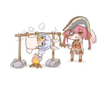 animal_ears bdsm blue_hair bondage bound campfire carrot cooking hair_ribbon hat hololive houshou_marine houshou_marine_(1st_costume) long_hair multicolored_hair nekoyama open_mouth rabbit_ears red_eyes red_hair ribbon roasting rotisserie see-through_clothes sleeveless twintails usada_pekora virtual_youtuber white_hair