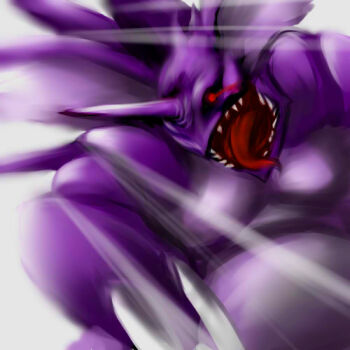 1990s_(style) 1boy gen_1_pokemon kamekichi27 lowres male_focus nidoking nintendo no_humans open_mouth pokemon pokemon_(creature) pokemon_rgby red_eyes retro_artstyle solo teeth tongue