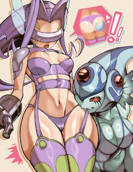 Rule 34 | !, !!, 02ys26, 2girls, absurdres, ass, bare shoulders, belt, bikini, biting, blue helmet, blue one-piece swimsuit, boots, breasts, butterfly hair ornament, censored, cleavage, clothing cutout, colored skin, commentary request, covered eyes, cowboy shot, digimon, digimon (creature), elbow gloves, facial mark, fairimon, fins, garter straps, gloves, green skin, grey gloves, hair ornament, hairband, head-mounted display, head fins, helmet, highleg, highleg one-piece swimsuit, highres, large breasts, long hair, missing wings, monster girl, mosaic censoring, multiple girls, multiple views, navel, one-piece swimsuit, open mouth, parted bangs, polka dot, polka dot background, purple belt, purple bikini, purple boots, purple hair, purple hairband, ranamon, red eyes, revealing clothes, ring light reflection, shiny skin, shoulder pads, side cutout, skindentation, slit pupils, spanking, standing, stomach, stomach cutout, strapless, strapless bikini, swimsuit, teeth, thigh boots, thong, yuri