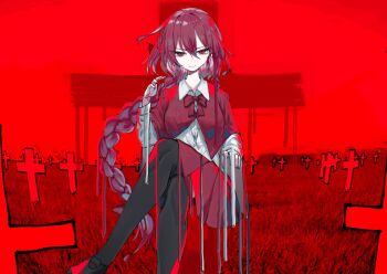 1girl black_pantyhose black_shoes blood blood_drip bow bowtie breasts capelet chair closed_mouth collared_shirt cross crossed_legs dress_shirt grass hair_between_eyes highres long_hair looking_at_viewer muraryo okazaki_yumemi pantyhose ponytail red_background red_bow red_bowtie red_capelet red_eyes red_hair red_skirt shirt shoes sitting skirt sleeve_cuffs smile solo touhou very_long_hair white_shirt