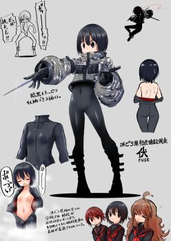 3girls absurdres ahoge arm_blade ass assassin bad_id bad_twitter_id black_bodysuit black_eyes black_hair black_serafuku bodysuit bodysuit_under_clothes breasts brown_hair camouflage camouflage_jacket chimidoroid closed_eyes covered_navel cropped_jacket eye_trail full_body gauntlets grey_background highres jacket light_trail multiple_girls navel neckerchief no_nipples original red_neckerchief reference_sheet school_uniform serafuku simple_background small_breasts sparkle standing steaming_body sweat weapon